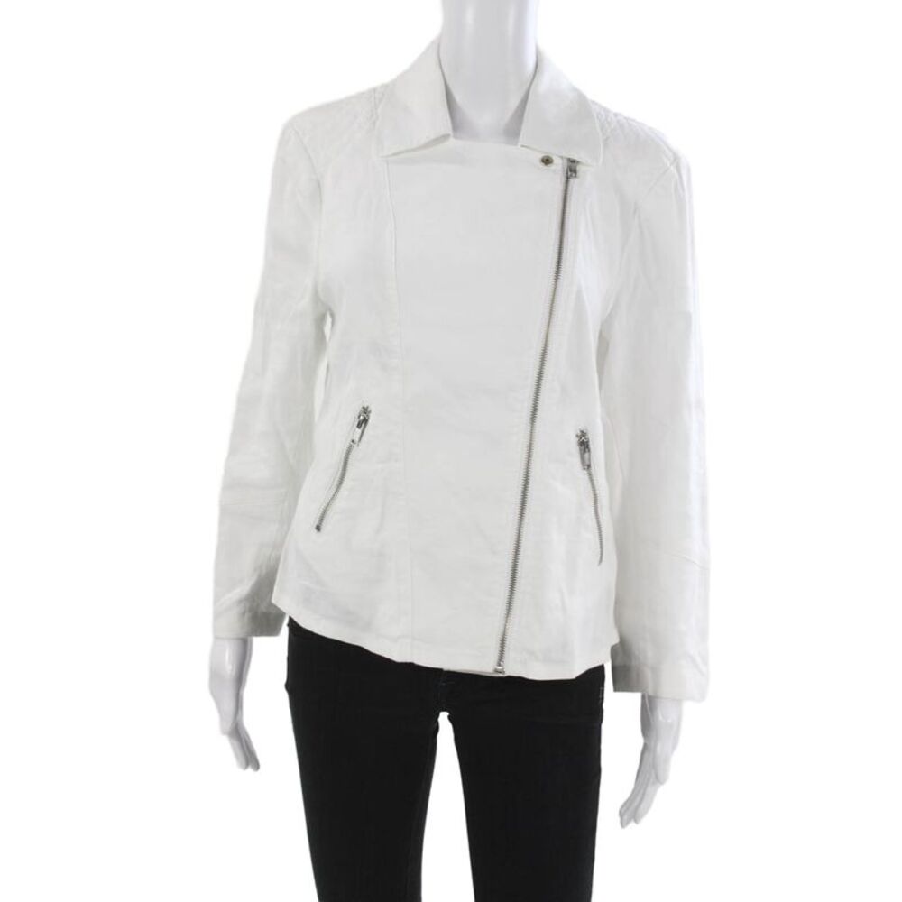 Level 99 Women Biker Jacket White Collared Button Long Sleeve Size L